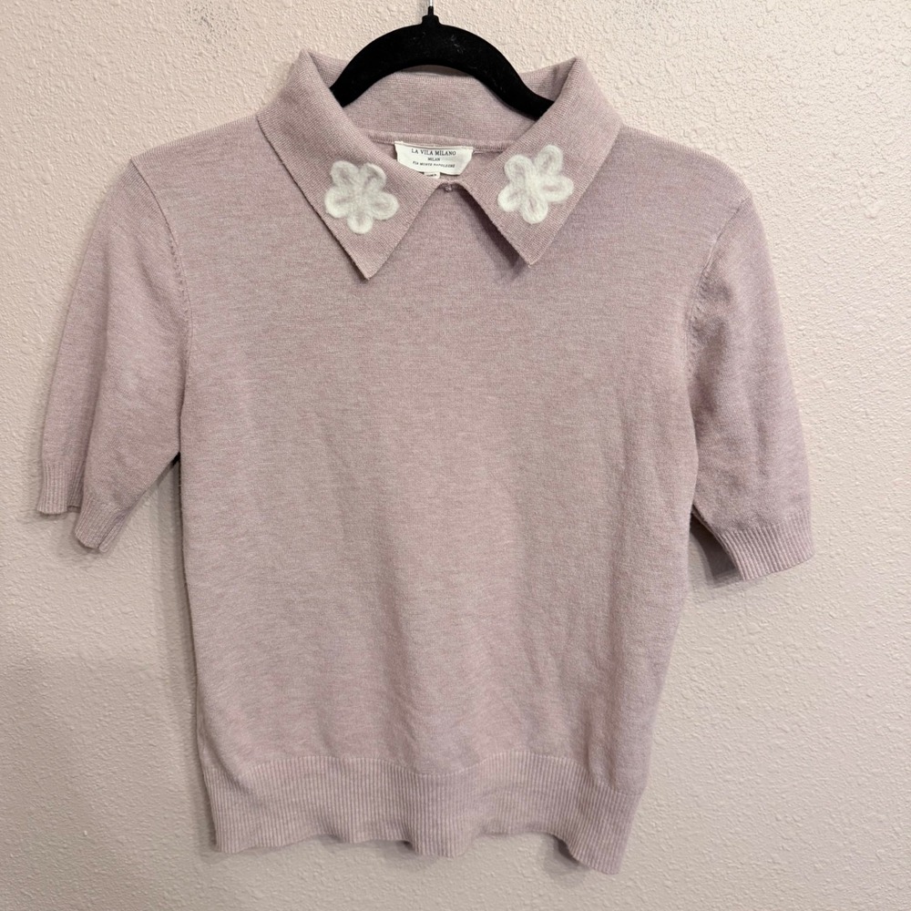 La Vila Milano Pink Short Sleeve Knit Polo Sweater Floral Collar Small